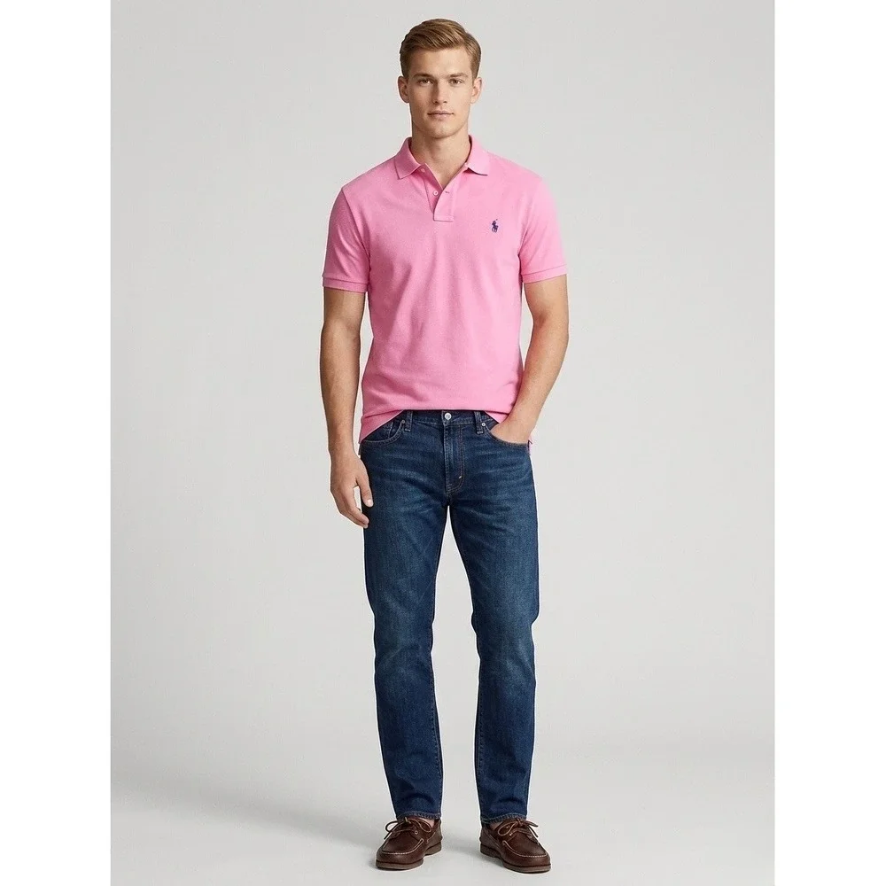 Polo Ralph Lauren Mens Large Pink Short Sleeve Cotton Pique Polo Shirt Blue Pony